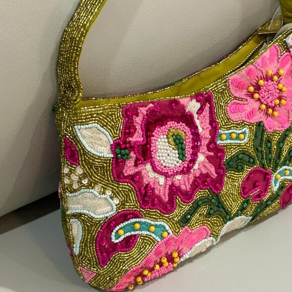 Beaded Bag Vibrant Floral Gold Hot Pink Tropical Colorful Flowers Made in India - Picture 3 of 6